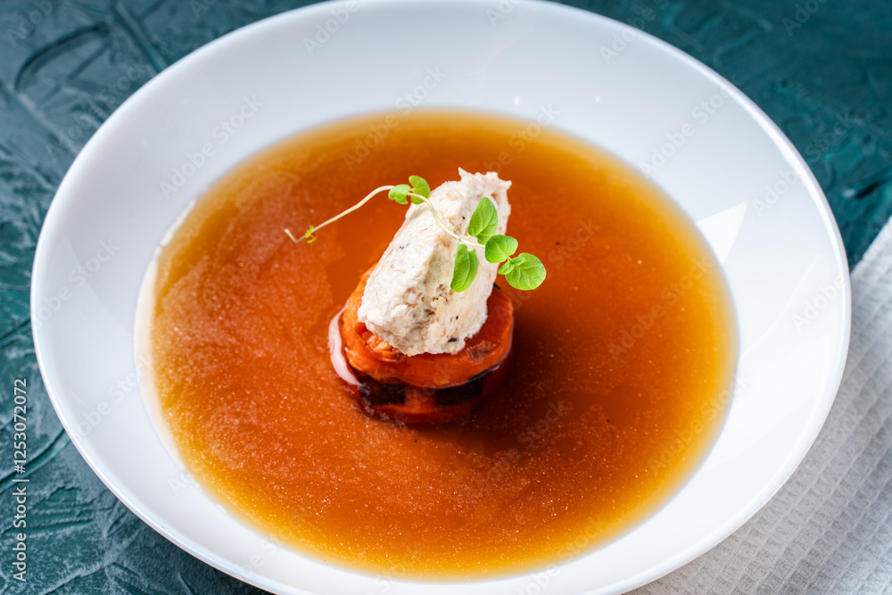 Soup or consomme, thick meat broth with carrots, chicken dumplings and microgreens, served in a white plate on a dark green background. Soup or consomme, thick meat broth with carrots, chicken dumplings and microgreens, served in a white plate on a dark green background.