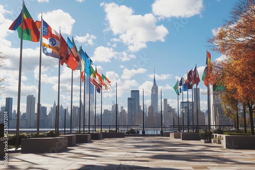 national flags representing global unity in front of the UN building