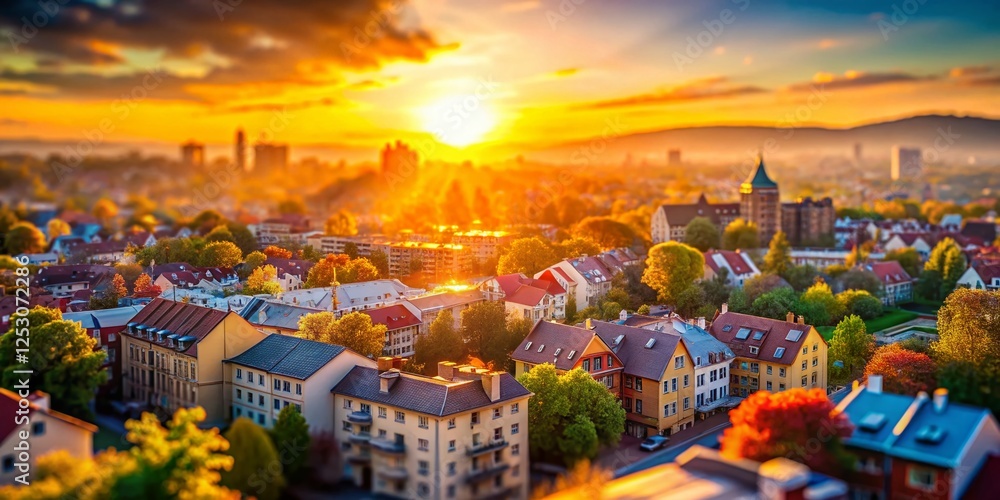 Fototapeta premium Miniature Early Morning Cityscape: Tilt-Shift Photo of Sunrise Over Urban Buildings