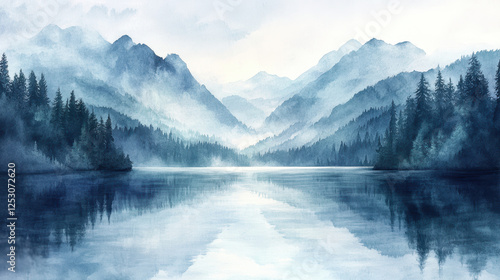Serene Twilight Over a Tranquil Lake Surrounded by Misty Mountains and Dense Forests