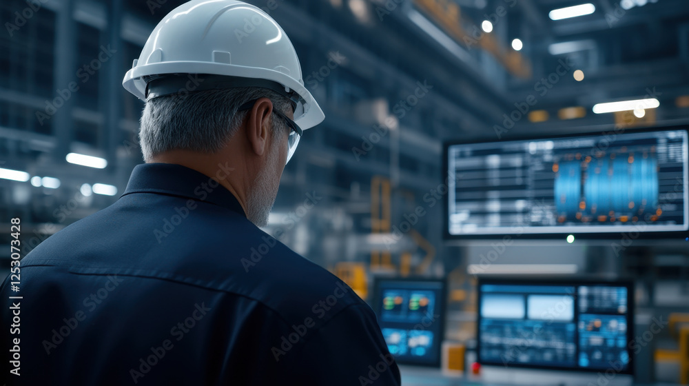 worker in hard hat observes data on multiple screens in modern industrial setting, showcasing advanced technology and safety measures worker in hard hat observes data on multiple screens in modern industrial setting, showcasing advanced technology and safety measures