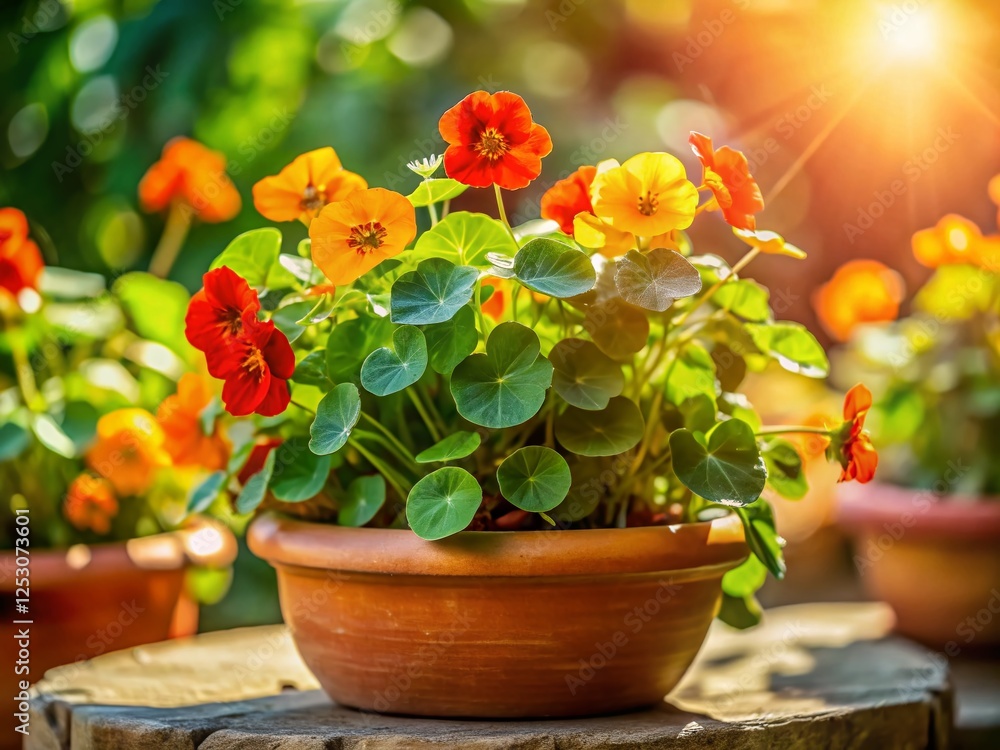 Miniature Nasturtium in Terracotta Pot, Vibrant Summer Flowers, Tilt-Shift Photography Miniature Nasturtium in Terracotta Pot, Vibrant Summer Flowers, Tilt-Shift Photography