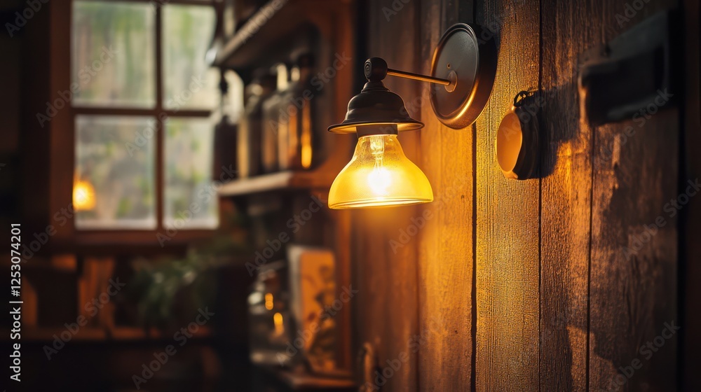 Warm Rustic Light: A Glowing Amber Lamp on a Wooden Wall Warm Rustic Light: A Glowing Amber Lamp on a Wooden Wall