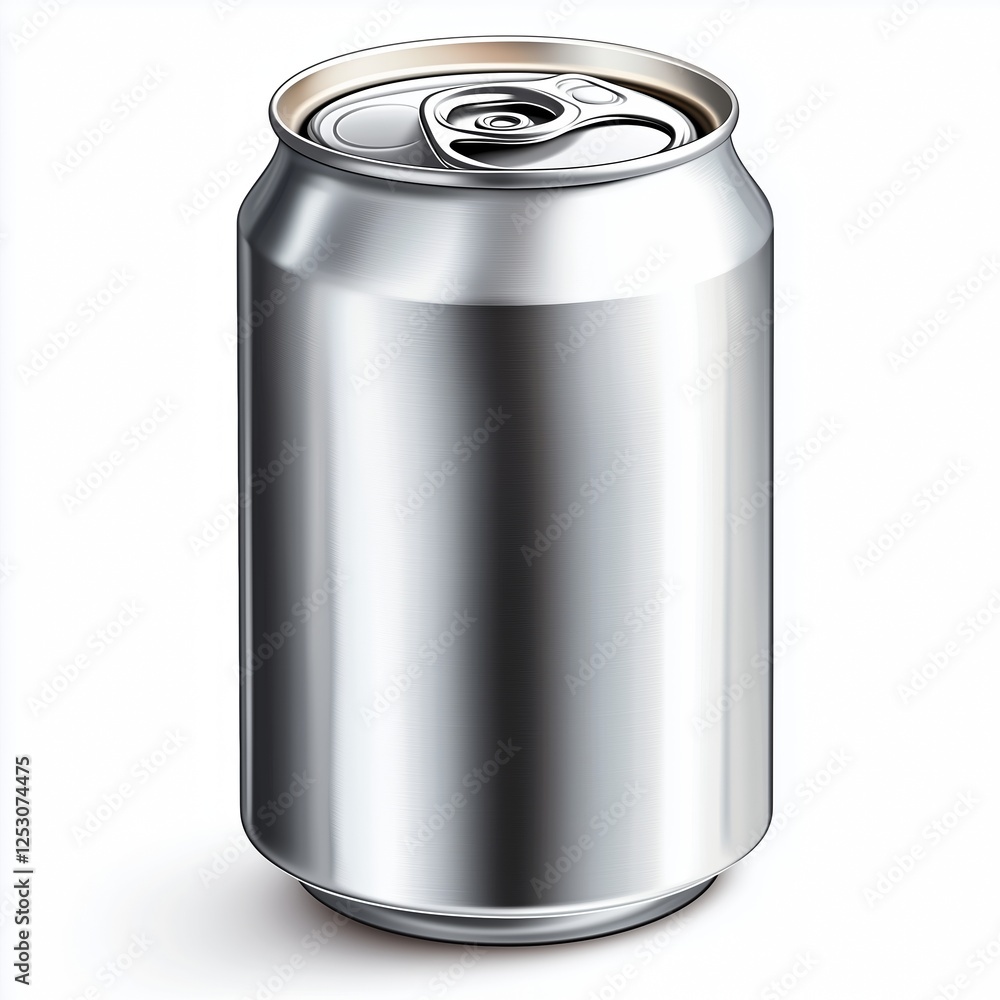 A realistic illustration of a blank aluminum soda can with a smooth metallic texture, sharp edges, and glossy highlights, centered on a white background. A realistic illustration of a blank aluminum soda can with a smooth metallic texture, sharp edges, and glossy highlights, centered on a white background.