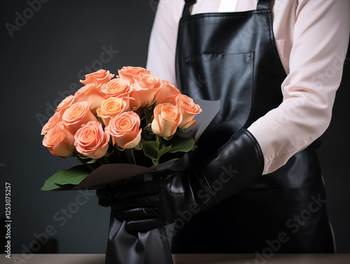 A professional concierge in gloves presenting a luxurious bouquet of French peach roses at a flower shop for Valentine's Day, exuding elegance and romance. photo