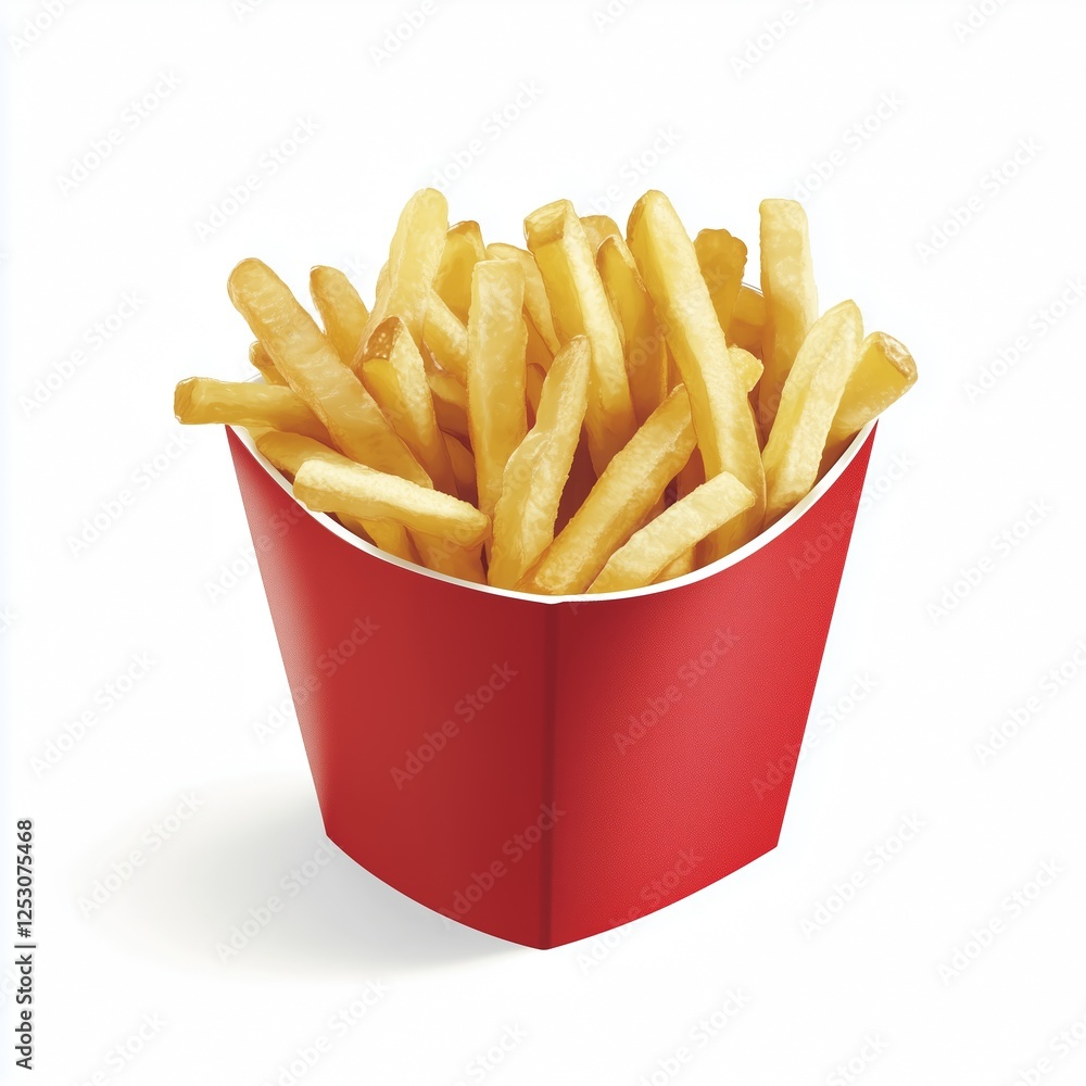 A realistic illustration of a red fast-food paper container filled with golden, crispy French fries, set against a plain white background with high detail and clarity. A realistic illustration of a red fast-food paper container filled with golden, crispy French fries, set against a plain white background with high detail and clarity.