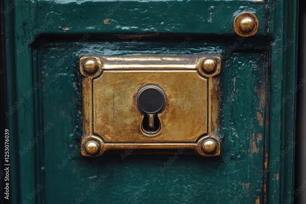 Fototapeta premium Vintage Door Lock With Intricate Details Against A Green Wooden Background, Emphasizing Antique Design And Craftsmanship.