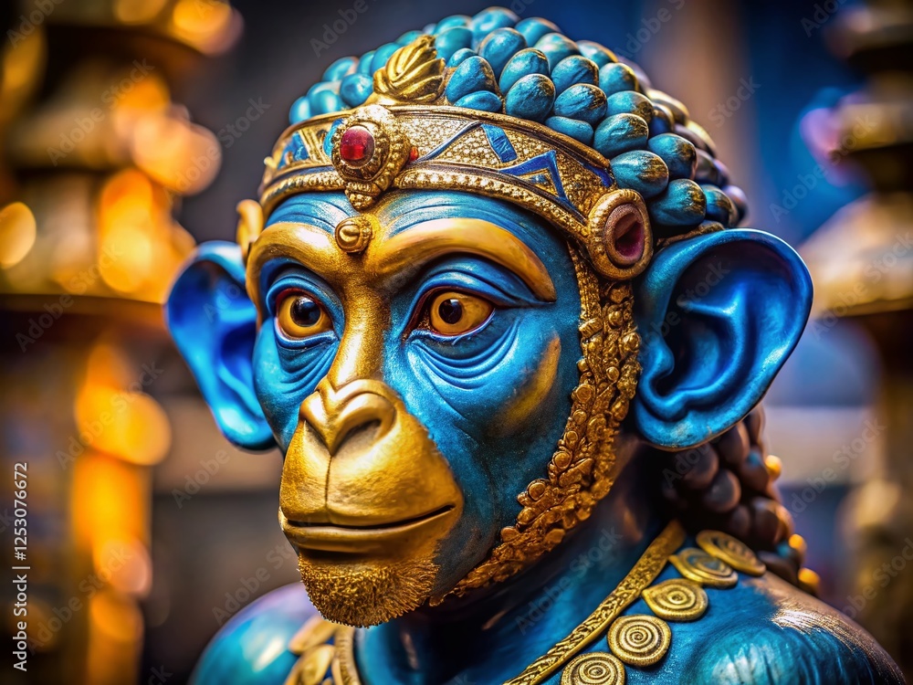 Obraz premium Minimalist Blue-Faced Monkey Statue with Gold Accents - Stock Photo