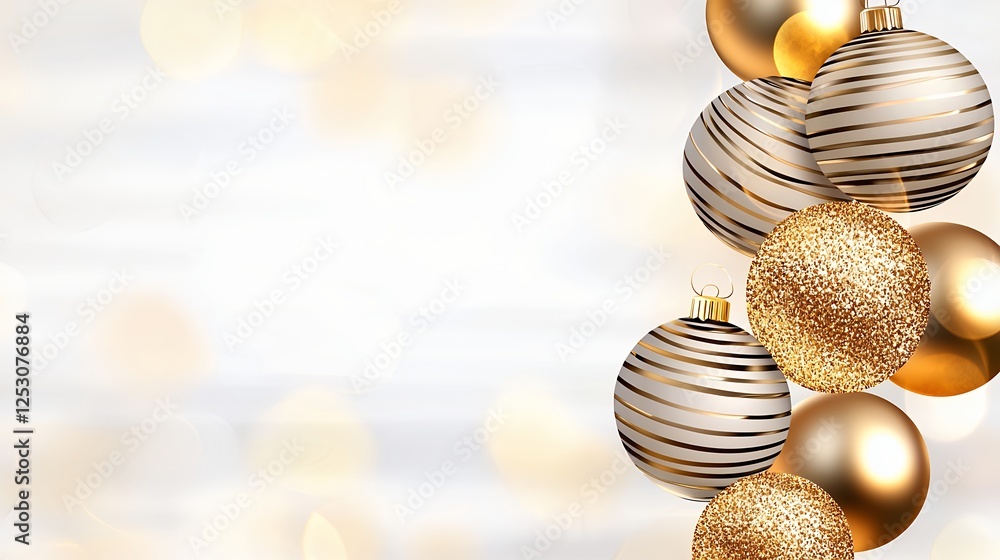 Fototapeta premium Gold And White Christmas Ornaments On Bokeh Background