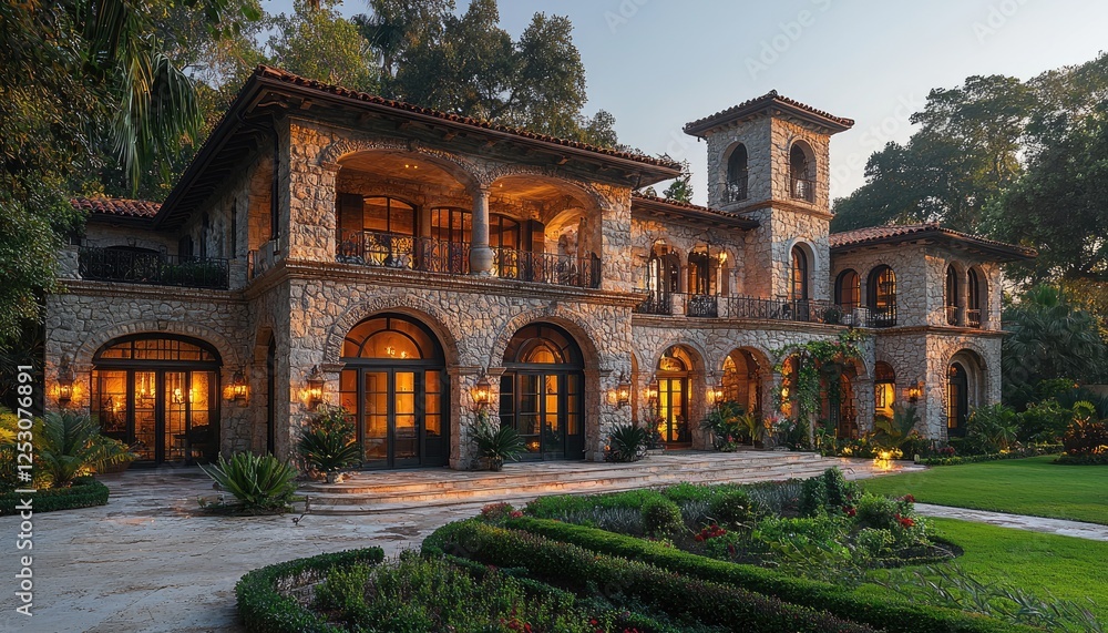 Obraz premium Elegant Stone Mansion Evening Illumination