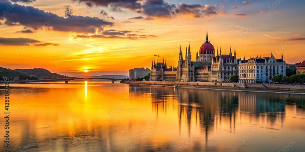 Obraz premium Minimalist Budapest Sunset: Summer Golden Hour over Danube River