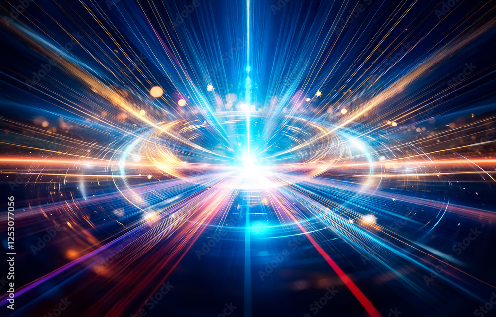 Abstract colorful streaks of light radiate outward from a bright point in the center of the image. Abstract colorful streaks of light radiate outward from a bright point in the center of the image.