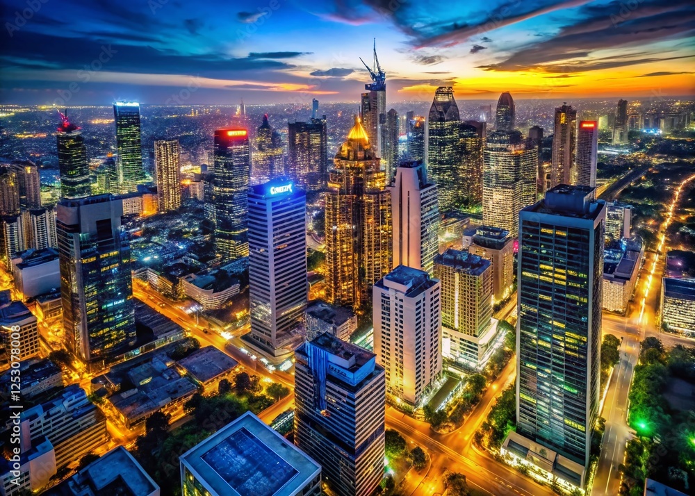 Captivating Aerial Night View: Illuminated City Skyscrapers & Modern Architecture Captivating Aerial Night View: Illuminated City Skyscrapers & Modern Architecture