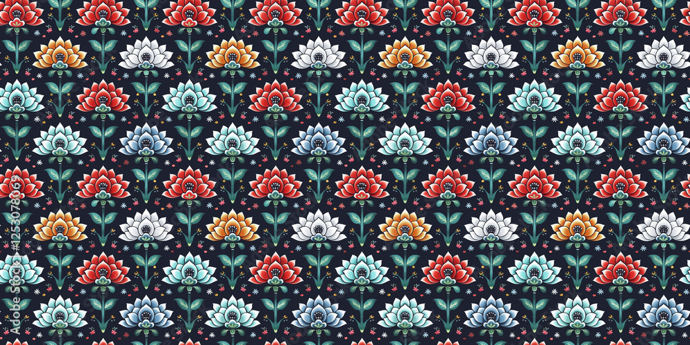 Colorful lotus pattern with red, white, and yellow flowers on dark background Colorful lotus pattern with red, white, and yellow flowers on dark background