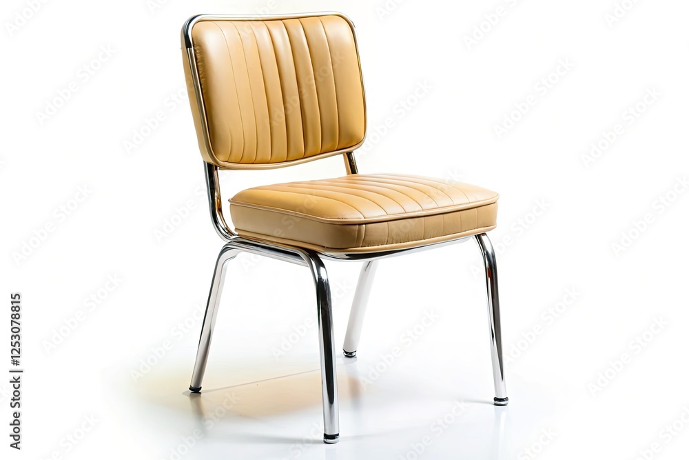 Fototapeta premium A mid-century modern chrome chair, upholstered in beige faux leather, angled at 45 degrees, sits isolated against a clean studio backdrop.