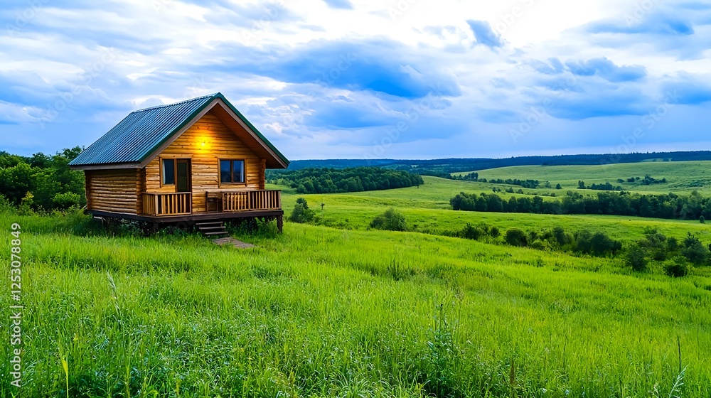 Obraz premium Cozy Cabin in Green Meadow Landscape - Relaxation and wellness