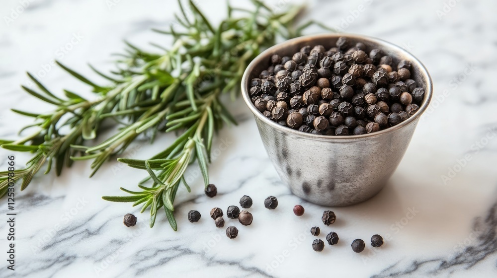Metal cup overflowing with black peppercorns, placed next to sprigs of rosemary on a marble countertop Metal cup overflowing with black peppercorns, placed next to sprigs of rosemary on a marble countertop