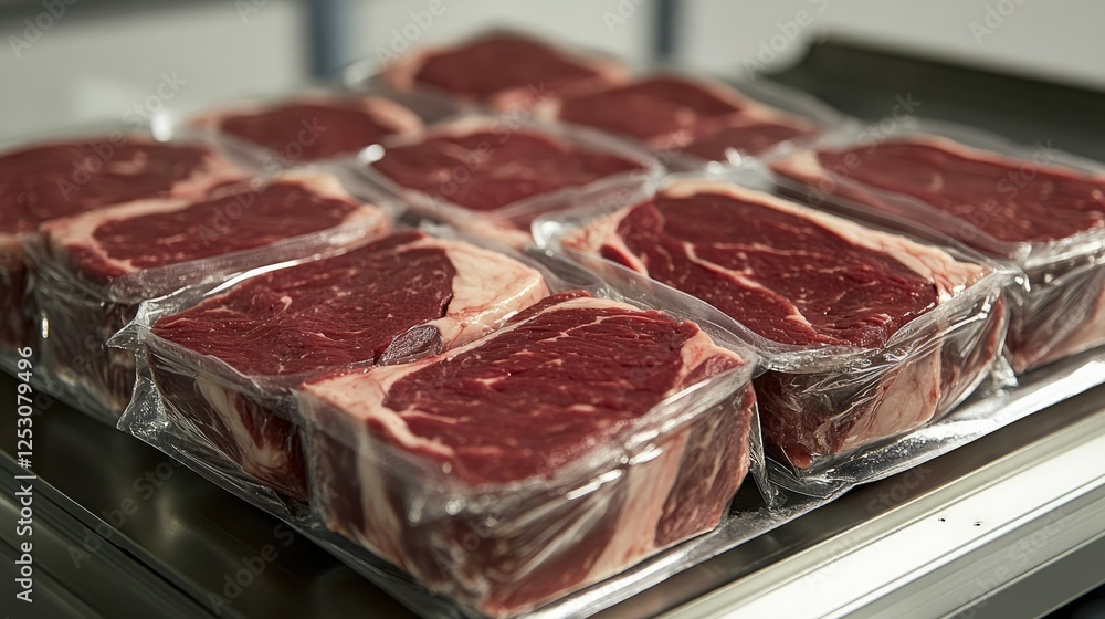 Fototapeta premium Neatly packaged raw beef steaks stacked on an assembly line in a sterile production facility