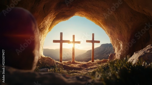 Kreuz auf dem Berg, Sonnenaufgang im Hintergrund