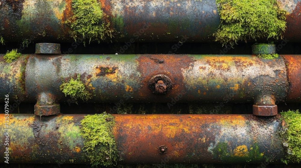 Old, corroded pipes with moss growing in the crevices, arranged horizontally Old, corroded pipes with moss growing in the crevices, arranged horizontally