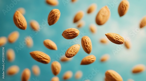 Almonds Floating Dreamily on a Cloudy Background with a Light Blue Sky