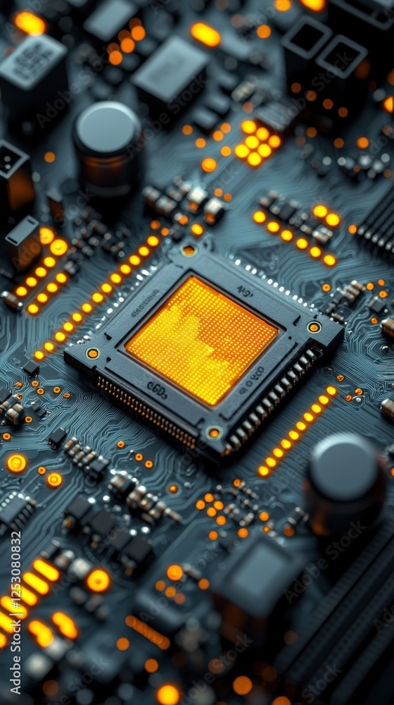 Fototapeta premium Close-Up of Computer Microchip with Glowing Circuit Board Details