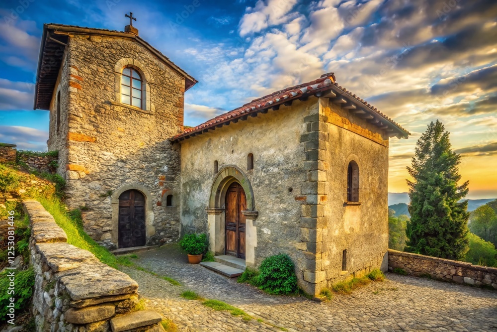 Fototapeta premium Minimalist Medieval Chapel: Grazzano Visconti, Italy - Stone Architecture, Old Church