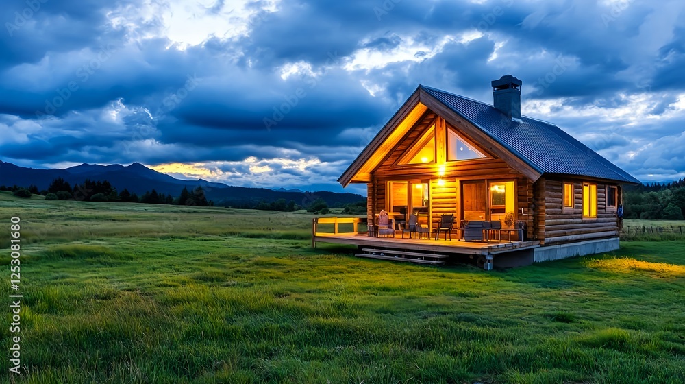 Obraz premium Cozy Log Cabin at Dusk, Mountain View - Cozy & Comfortable Homes