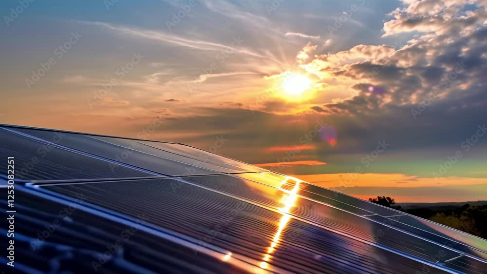 a sleek, modern solar panel positioned in the foreground, angled perfectly to capture the last golden rays of the setting sun