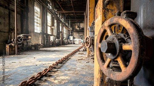 A cold, abandoned factory with rusty machinery. The floor is covered in dust, and the faint sound of chains rattling echoes through the empty halls.