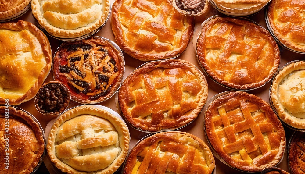 Assorted pies arranged beautifully in a bakery display for a festive occasion Assorted pies arranged beautifully in a bakery display for a festive occasion