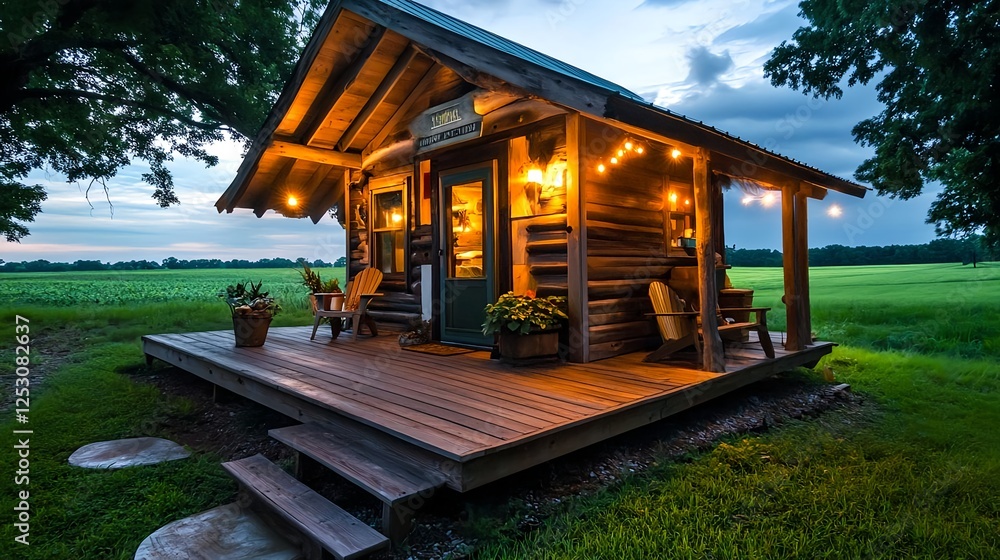 Cozy Rustic Cabin in Green Field at Dusk - Rustic/Cabincore aesthetic Cozy Rustic Cabin in Green Field at Dusk - Rustic/Cabincore aesthetic