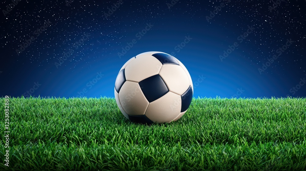 Fototapeta premium Soccer Ball on Lush Green Grass Under a Starry Night Sky