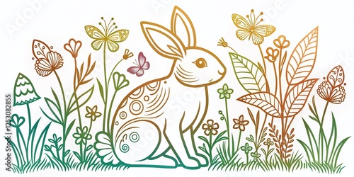 Minimalist Rabbit Laser Cut Template: Hare in Forest Clearing with Mushrooms, Butterflies, Flowers & Grass for Paper Crafts