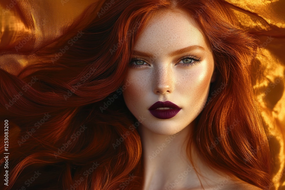 Fototapeta premium Beautiful red-haired woman with long, straight hair, wearing burgundy lipstick and gold eye shadow, posing in front of an orange background