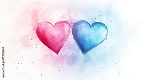 Two colorful hearts in pink and blue with a soft watercolor background.