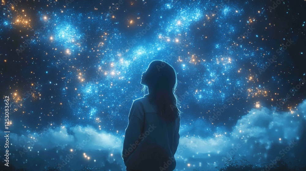 Naklejka premium Silhouetted Figure Gazing into the Expansive, Luminous Universe of Stars and Nebulae