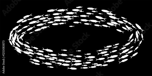 Fish group swimming. School of blackfish. Silhouettes of white fishes isolated on black background. Abstract vector illustration.