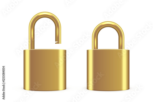 Metallic locks set. Golden closed and open padlocks isolated on transparent background. Safety and security concept. House protection. Game icons. Realistic vector illustrations.