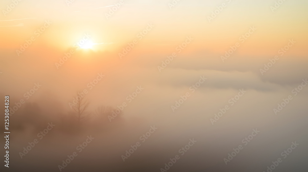 Fototapeta premium Misty landscape at sunrise, golden hour, ethereal fog, soft warm light, dreamy atmosphere, minimalist composition, hazy horizon, silhouetted trees, peaceful serenity, pastel sky, nature photography, a
