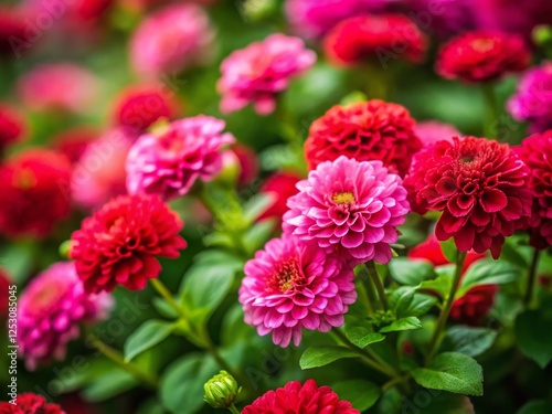 Minimalist Vibrant Pink & Red Flowers with Lush Green Leaves Stock Photo