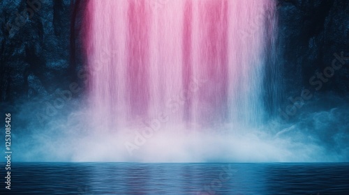 A vibrant waterfall cascading with pink and blue hues, creating a serene atmosphere.