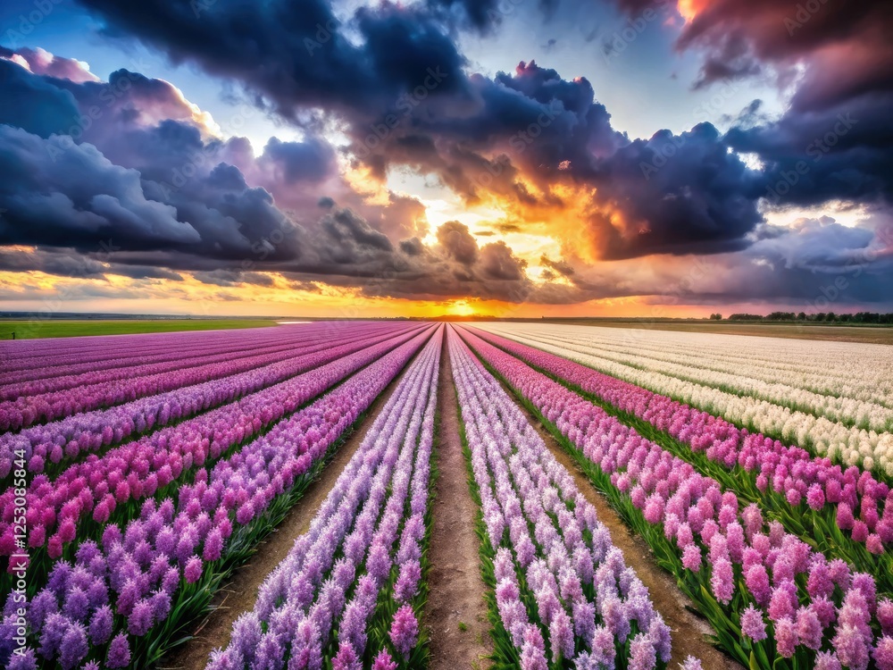 Obraz premium Dutch hyacinth fields bloom in vibrant purple, pink, and white under a cloudy spring sky.