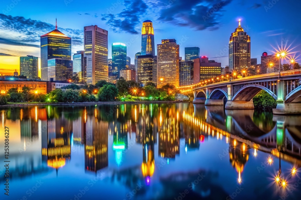 Naklejka premium Minneapolis Night Skyline River Reflection - Stunning Cityscape Panorama