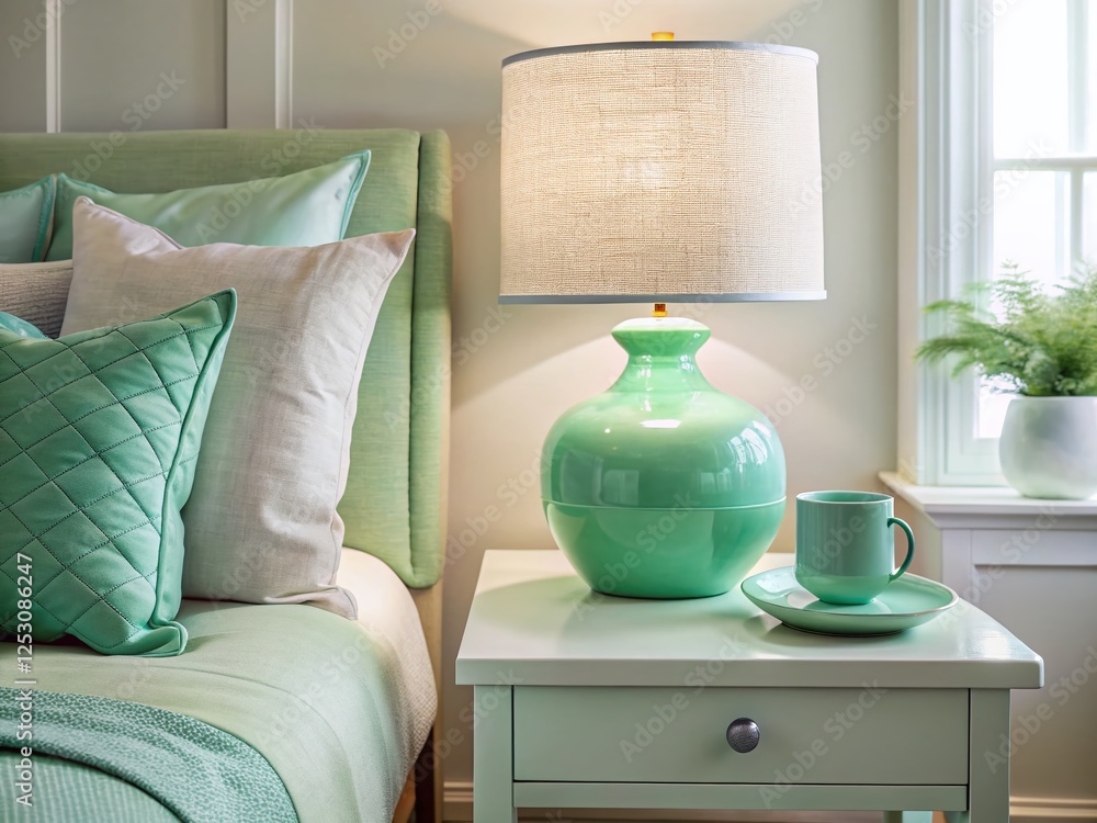 Mint Green Lamp & White Wood Stand in French Country Bedroom - Closeup Mint Green Lamp & White Wood Stand in French Country Bedroom - Closeup