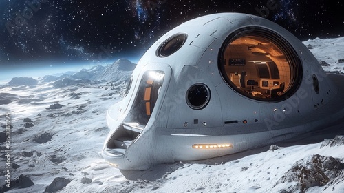 Futuristic moon base habitat on snowy lunar surface with Earth in background