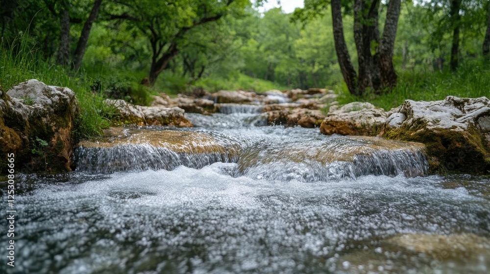 River flowing through forest, close-up of water flowing over rocks, lush green forest in the background River flowing through forest, close-up of water flowing over rocks, lush green forest in the background
