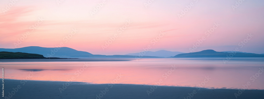 Serene landscape at sunset with soft pink and purple hues reflecting over tranquil waters and rolling hills in the background. Serene landscape at sunset with soft pink and purple hues reflecting over tranquil waters and rolling hills in the background.