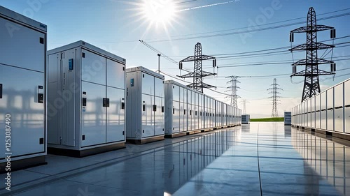 Power Storage Facility with Solar Panels and Electrical Substation Under Bright Sky

