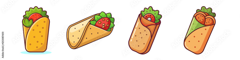 Burrito Illustrations with Fresh Fillings - A set of colorful illustrations featuring burritos and tacos with fresh ingredients like lettuce, tomatoes, and various toppings.
Burrito Illustrations with Fresh Fillings - A set of colorful illustrations featuring burritos and tacos with fresh ingredients like lettuce, tomatoes, and various toppings.